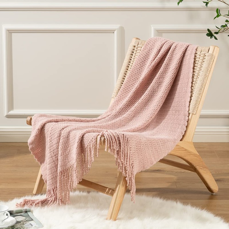 BATTILO HOME Pink Knitted Throw Blanket Textured Solid Sofa Couch