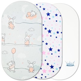 Moses Basket Sheets – 100% Cotton, 3pc Moses Basket Bedding Set with 2 Fitted Moses Basket Sheets & 1 Waterproof Mattress Protector – to fit Moses Baskets, Bassinets & Prams mattress up to 76 x 36cm