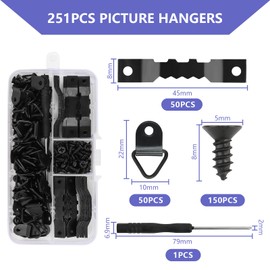 VFANDV Picture Hooks, Pack of 251 Black Picture Hanging for Pictures, Hooks Wall for Picture Frames, Prong Hangers with Screwdriver, Picture Hanger for Home, Office, Picture, Painting, Hanging