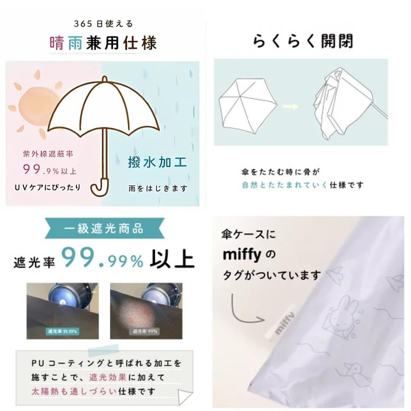 Miffy Folding Umbrella, Class 1 Light Blocking, UV Protection, Women's