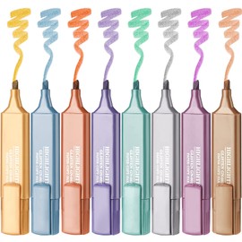 NiArt Metallic Glitter Highlighters Set of 8 Subtle Colors with Chisel Tips, Flexible Line Width and Smudge-Proof Water-Based Ink for Sparkling Note-Taking