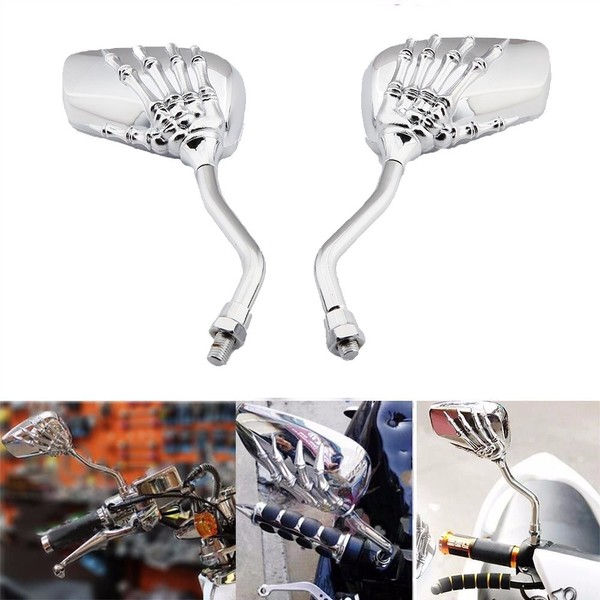 Chrome 8mm/10mm Motorcycle Skull Skeleton Rearview Side Mirrors Compatible with Honda Yamaha Kawasaki Suzuki Aprilia