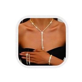 Reaky Bridal Jewelry Set Silver Rhinestone Earrings and Necklace Sparkly Wedding Necklaces Sets Prom Jewelry for Women(Pack of 3) (Gold)