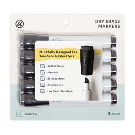 U Brands Fine Tip Dry Erase Markers with Eraser, Whiteboard Markers with Chisel tip, Extra Ink, Low Odor, Black, Set of 5