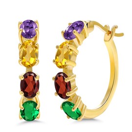 Gem Stone King 18K Yellow Gold Plated Silver Oval Gemstone Birthstone Hoop Earrings | Oval 6X4MM | 22MM | 0.85 Inch | Gold Hoop Earrings For Women