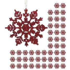 BANBERRY DESIGNS Red Snowflake Ornaments - 48 Pack of 4 Glitter Red Snowflake Ornaments - Shatterproof Christmas Ornaments with Silver Cords - Snowflake Decorations