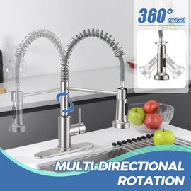 ARRISEA Brushed Nickel Kitchen Faucet with Pull Down Sprayer, 16 inch Stainless Steel High Arc Spring Faucet for Kitchen/Bar/RV/Laundry, Two Modes Sprayer and 10 inch Deck Plate Cover Three Holes