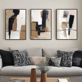 SAFERRYHOME Neutral Abstract Black and Tan Brown Wall Art Framed Canvas Prints, Mid-Century Minimalist Modern Decor Large Artwork for Living Room, Home Office, Dining Room - 3 Panels 24x36 Inch