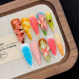 RIICFDD Thick Press on Nails Long Almond Handmade Nails with Glue,Tropical Flower Art Fake Nails with Water Droplet Pattern Designs Reusable Nature Stick on Nail False Nails for Wome (Size M)