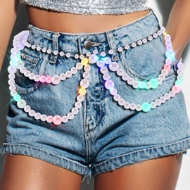 DRESBE Light Up Pearl Waist Belt LED Bikini Body Chains Rave Body Accessories for Women White