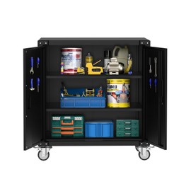 Garage Cabinets - Heavy-Duty Metal Storage Cabinet with 2 Adjustable Shelves & Lock - Tool Cabinet with 4 Wheels, Rust-Resistant for Garage, Warehouse, Office