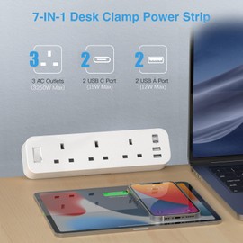 Desk Power Socket with 4 USB (2 Type C), ANVODE 3 Way Desktop Power Strip with Switch, Desk Extension Lead 2M for Home Office (White)