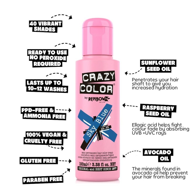 Crazy Color Vibrant Sky Blue Semi-Permanent Hair Dye. Highly Pigmented