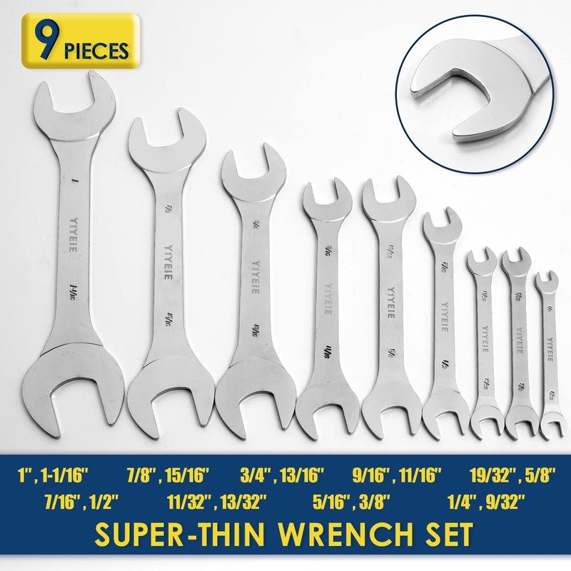 YIYEIE Super-Thin Open End Wrench Set, 9-Piece SAE, 1/4" to