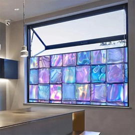 HOMETITUTE Iridescent Glass Block Window Film 39.3x17.7 Inch Privacy Decorative Window Cling Rainbow Tile Pattern Static Glass Cover for Bathroom Kitchen Front Door Office Living Room