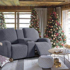 KinCam Loveseat Recliner Covers with Middle Console Slipcover, Recliner Sofa Covers 2 Seat Couch Cover Stripe Jacquard Furniture Protector Covers with Elastic Bottom for Kids, Pets (Dark Gray)