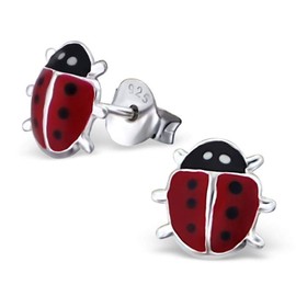 925 Silver Ladybird Earrings Monkimau – Children's Jewellery, Sterling Silver, Ladies, Womens, Girls Stud Earrings, Silver, red, black