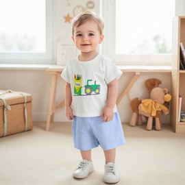 wybzd Toddler Baby Boy Girl Back To School Outfits First Day of Preschool T-Shirt Top Gingham Shorts Sets Kindergarten Outfit (Blue&green, 4-5T)