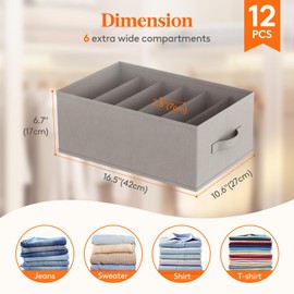 Lifewit Wardrobe Clothes Organizer 12 Pack, Large Size 6 Grids Closet Jean Storage Bins with Handles and Support Boards, Foldable Drawer Dividers for Sweater, Pants, T-Shirt, Hoodie, Dress, Grey