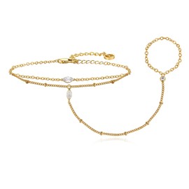 Cicy Bell Hand Chain Bracelet for Women 18k Gold Plated Layered Stackable Dainty Cubic Zirconia Satellite Bead Dot Link Finger Ring Bracelets Trendy Friendship Jewelry Accessories
