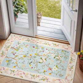 TOPICK Flower Doormat Washable Door Mat Indoor Short Pile Retro Blue on Pink Oriental Rug 60 x 90 cm Antibacterial Foldable Non-Slip Door Mat for Front Door Kitchen Patio Hallway Bedroom