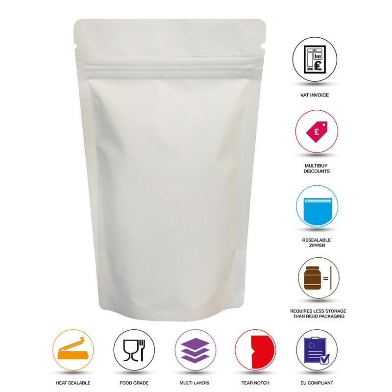 RIGHTPAK White Matt Stand Up Pouches with Resealable Zipper &