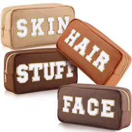 Remerry 4 Pcs Nylon Cosmetic Bag Travel Organizer Chenille Letter Makeup Pouch Zipper Preppy Waterproof Hair Bag Toiletry Pouch for Women Girls(Brown Series)