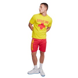 WickedFun Men's Lifeguard Men's Beach Costume, Top and Shorts, Life Guard, Serious Fun Fancy Dress Costume (Large)