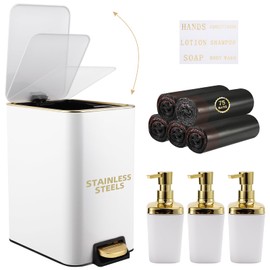 XLHOMO Small Bathroom Trash Can with Lid Soft Close, 10 Liter / 2.6 Gallon Stainless Steel Garbage Can with Removable Inner Bucket,3PCS Soap Dispenser,75Count Trash Bag, Slim Step Pedal Trash Bins