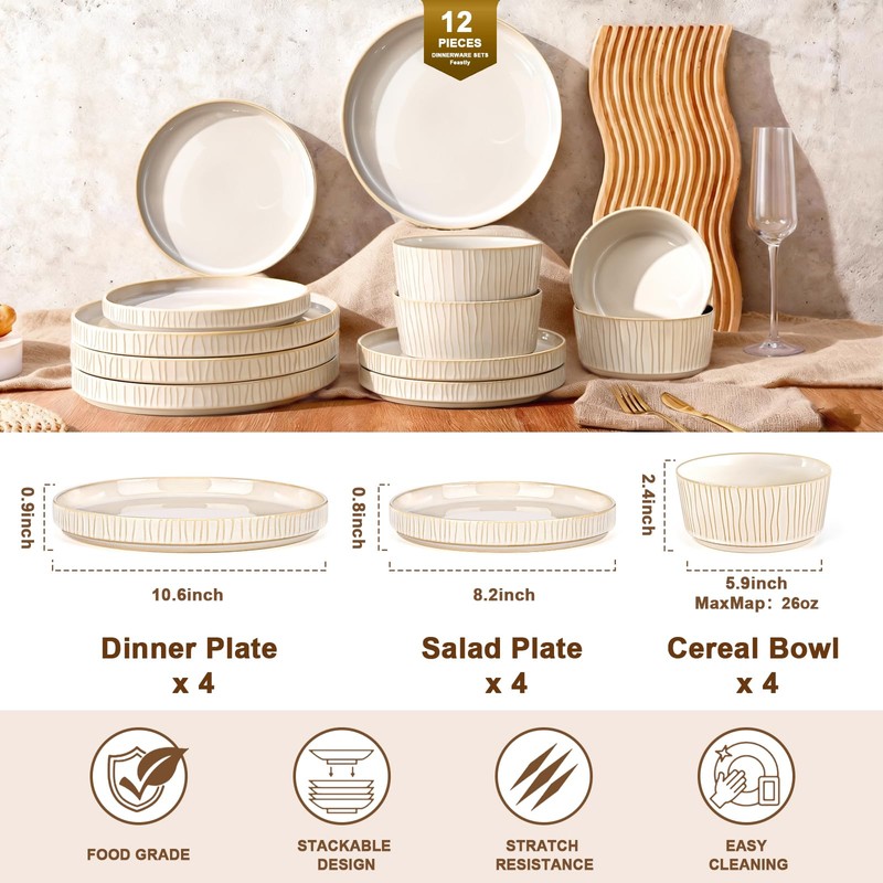 Feastly Stoneware Dinnerware Sets for 4, 12 Pcs Ribbed Reactive