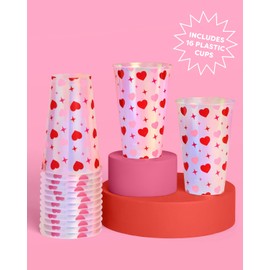 xo, Fetti Iridescent Heart Plastic Cups | 16 pcs 16 oz | Valentine's Day Drinkware, Vday Decor, Love Bachelorette Party, Galentine's Supplies