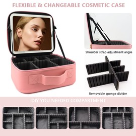 Travel Makeup Bag for Makeup Artists Large Makeup Case,with Mirror 3 Color Setting and Jewelry box Travel Makeup Bag,Portable Storage and Adjustable Dividers（pink）