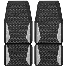 CAR PASS Bling Car Mats Diamond Rubber Floor Mats Full Set Anti-Slip 3D Rhombus Waterproof Trim to Fit Liner Universal Glitter Crystal Sparkly Shining Rhinestone Girl Women SUV Sedan, Silver Diamond