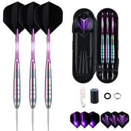 sanfeng Steel Tip Darts Set for Dartboard, Pro Darts with Metal Tip 24 Grams, Colorful Brass Barrel + Purple Aluminium Shafts 9 Flights 50 Rubber O-Rings 12 Spring Rings 1 Dart Sharpener Tool