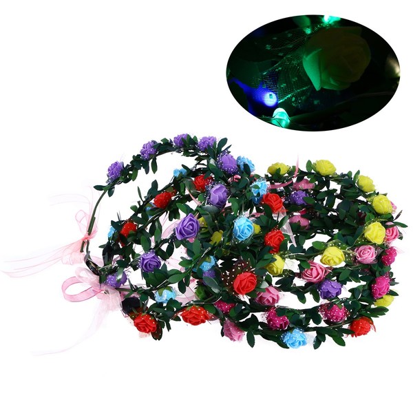 Frcolor 4pcs LED Flower Headband Crown Floral Crown Wreath Glow Garland Headbands for Festival Wedding