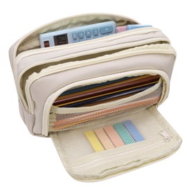 Candcamp Large Capacity Pencil Case Girls Boys Pencil Pouch with 3 Compartments Smooth Zip Stationery Organizer for School Office(Beige)