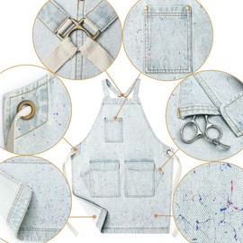 Jeanerlor - Denim Tool Shop Apron with 5 Pockets for Hairstylist with Pockets for Women Cross Straps & Adjustable S to M (Light Blue)