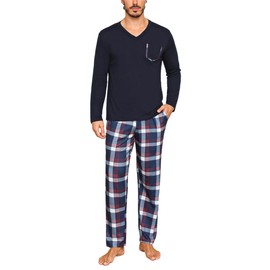 Uniexcosm Mens Pyjamas Set, Pjs for Men Sets Long Sleeve Top & Checked Pants with Pockets Mens Winter Sleepwear Loungewear Nightwear Set for Home Casual Blue
