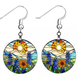 the fun things Bluebonnets Sunflowers Mountains Sunrise Dangle Earrings NO TARNISHING Wood