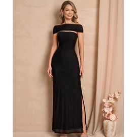GLNEGE Formal Wedding Guest Bodycon Maxi Dress with Scarf Mesh Slit Elegant Tube Cocktail Party Dresses for Women Black