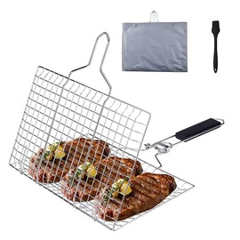 Fish Grilling Basket, Stainless Steel BBQ Grill Basket, Folding Portable Grill Basket with Removable Handle for Grilling Fishes, Vegetables, Shrimp with Basting Brush and Storage Bag