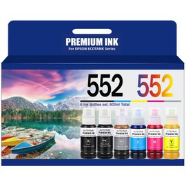 552 Ink Refill Bottles Replacement for Epson 552 Ink Refill Bottle Use for EPSON EcoTank Photo ET-8550, EPSON EcoTank Photo ET-8500（BK PBK C M Y GY, 600ml）