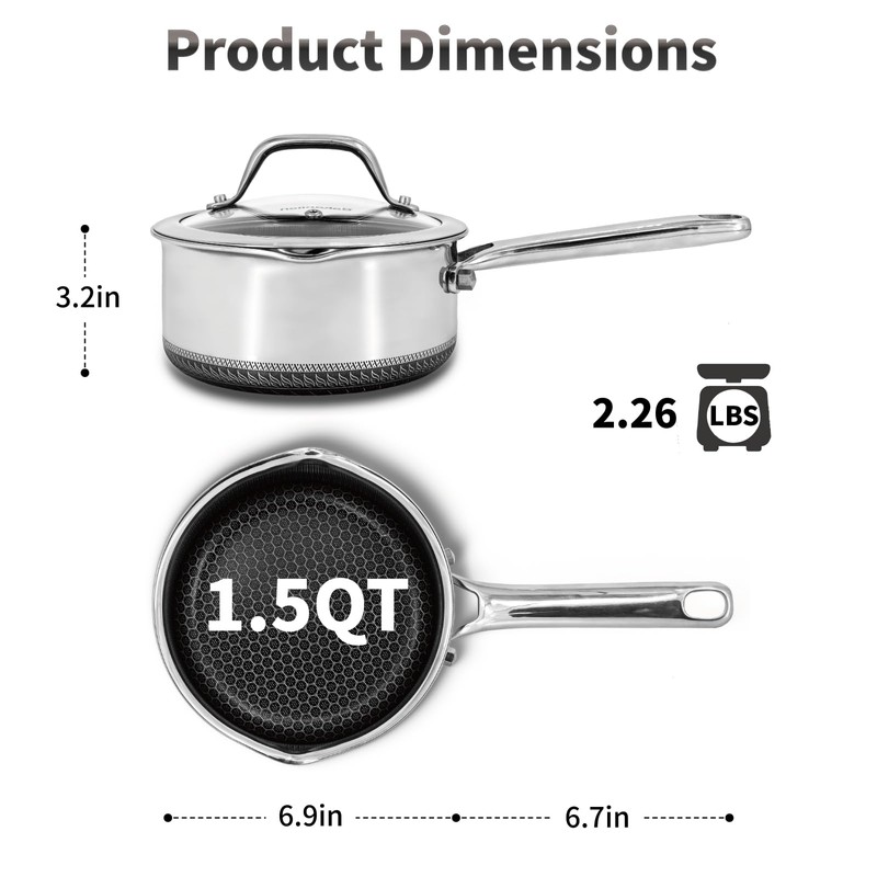Bakoniion Hybrid Nonstick 1.5 QT Saucepan with Lid, Stainless Steel