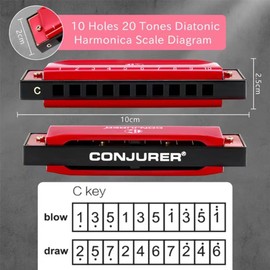 Classic Blues Harmonica,Key of C,10 Holes,Musical Instrument for Blues Folk Music Lover, Professionals and Beginners Christmas Music Gift (Red)