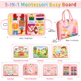OFIKAL Busy Board Bag for Toddler with Zipper Removable 5 Page, Sensory Activity Developing Board Toys for Preschool, Quiet Book Educational Toys, Montessori Learning Early Education Travel Toy(Pink)