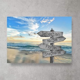 Individual Canvas Signpost Beach II with Own Name Gift for Lovers Valentine's Day Decoration Gift Idea Home Decoration Canvas Picture Lovers with Individual Name up to 6 People