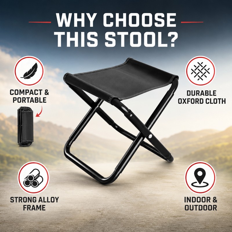Portable Folding Stool Compact Black Seat for Camping & Travel
