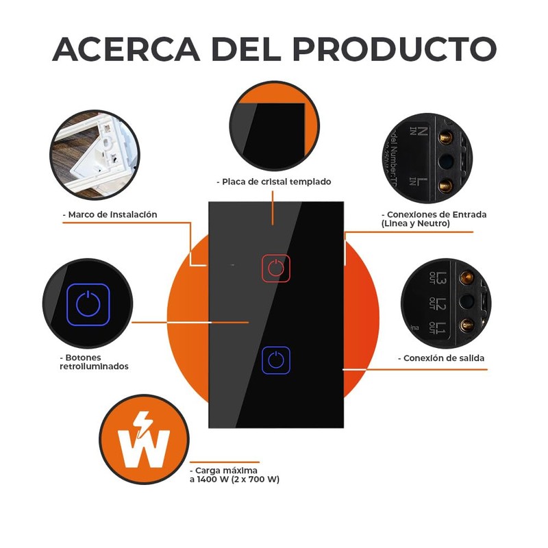 Tecnolite Connect - Apagador Inteligente Táctil WiFi 2 Circuitos, Requiere