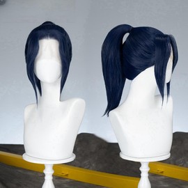 TTYAO REII Game Cosplay Lace Front Wig Dark Blue Short Ponytails with Bangs Synthetic Fiber Hair for Halloween Role Play