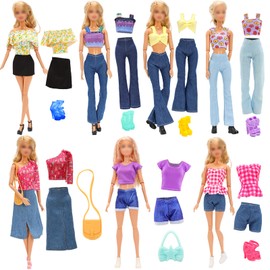 Barwa 7 Dresses Clothes + 2 Bags + Picnic Mat + 5 PCS Shoes for 11.5 Inch 30 CM Doll (Not Includes Doll)